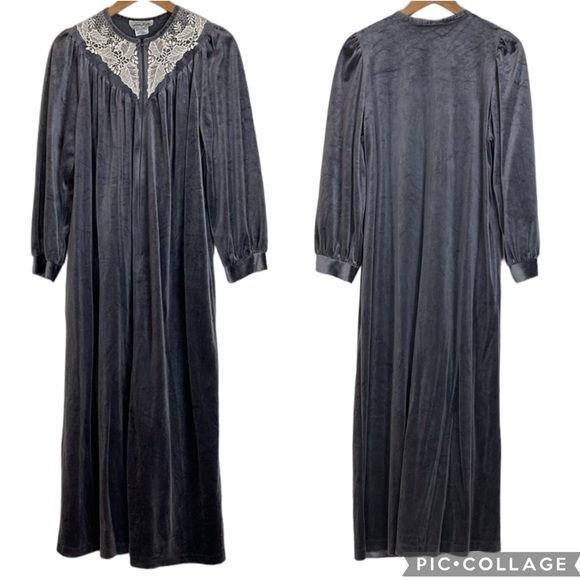 Gray Velour & Lace Zip Front Long Sleeve Long Robe - Picture 10 of 10